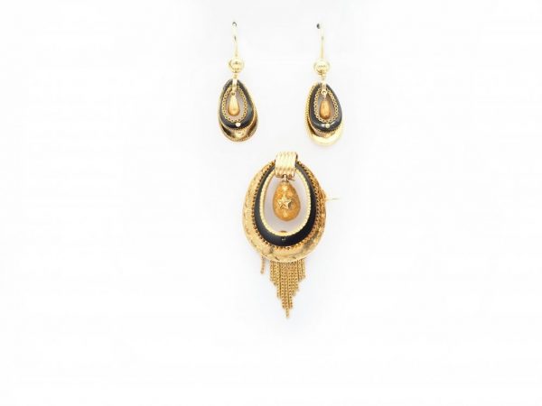 Antique Victorian Dutch Black Enamel Gold Drop Earrings