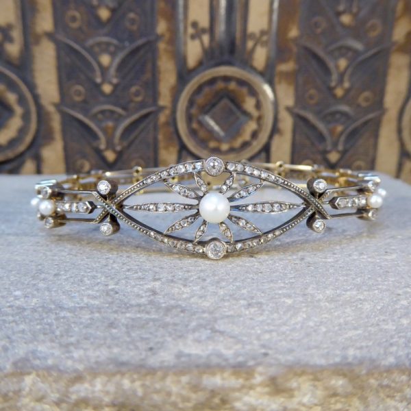 Antique Victorian Diamond and Pearl Panel Bracelet