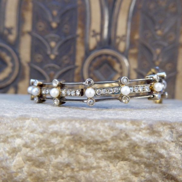 Antique Victorian Diamond and Pearl Panel Bracelet
