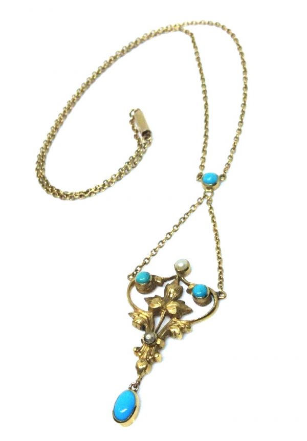 Antique Turquoise, Pearl and Gold Pendant Necklace Circa 1870