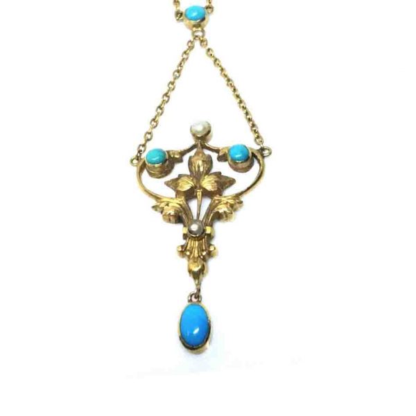 Antique Victorian gold pendant necklace with turquoise and seed pearls, 15 ct gold, c.1870