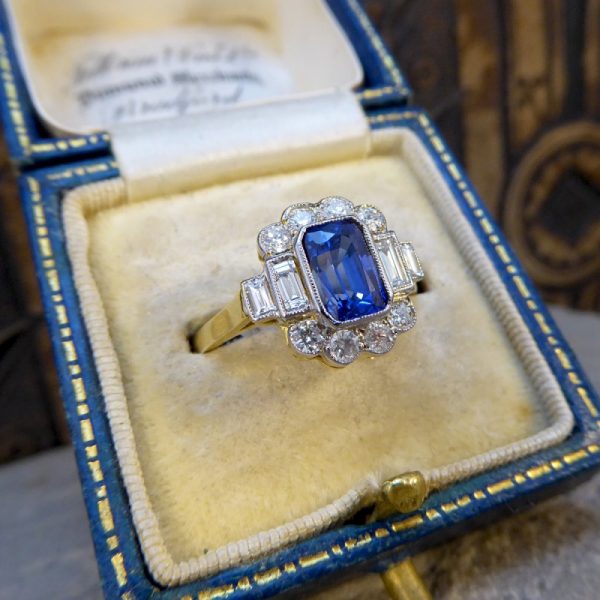 Art Deco Style 1.60ct Sapphire and Diamond Ring, 18ct Gold