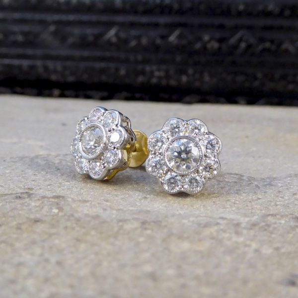 Daisy Cluster 1.30ct Diamond Earrings in 18ct White and Yellow Gold