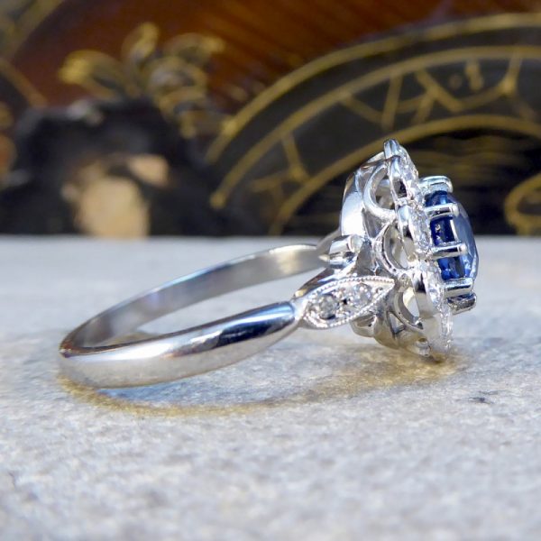 Edwardian Style Sapphire and Diamond Cluster Ring, Platinum