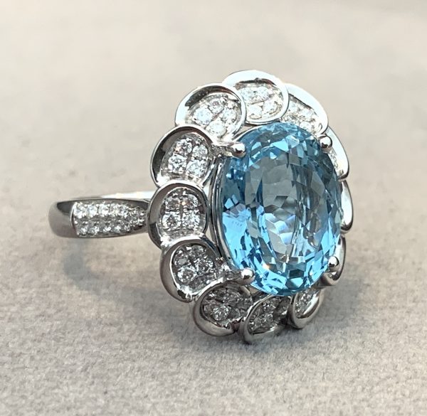Aquamarine and diamond cluster ring oval shape large