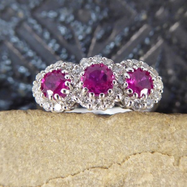 Triple Ruby and Diamond Cluster Ring in 18ct White Gold