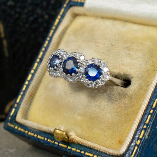 Triple Sapphire and Diamond Cluster Ring in 18ct White Gold
