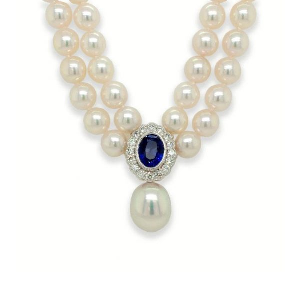 Akoya Double Row Cultured Pearl Necklace with 2.58ct oval Sapphire and 0.80ct Diamond cluster Centrepiece and accented with a South Sea Pearl Drop