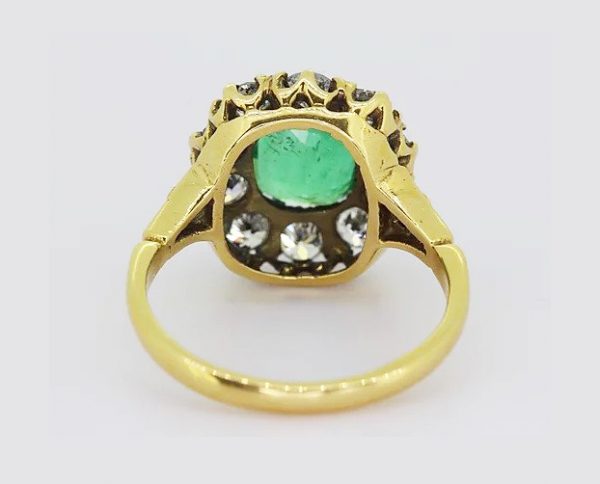 Antique 2.05ct Cushion Cut Emerald and 1.10ct Old Cut Diamond Cluster Ring, 18ct yellow gold.