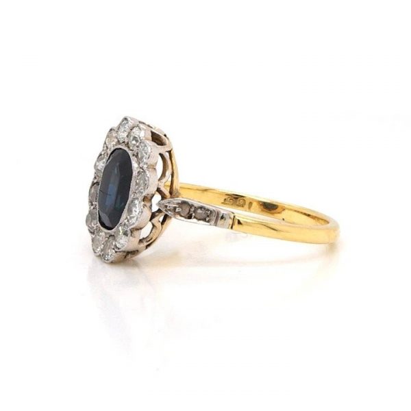 Antique Edwardian Sapphire and Old Cut Diamond Cluster Ring, in 18ct yellow gold
