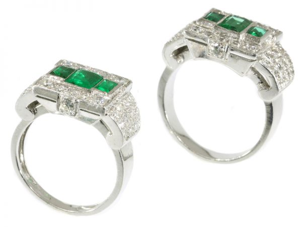 Unique Ring Pair of Original Vintage Emerald and Diamond Platinum Ring and Dummy Model