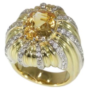 Vintage 6.56ct Certified Natural Yellow Sapphire and Diamond Gold Cocktail Ring