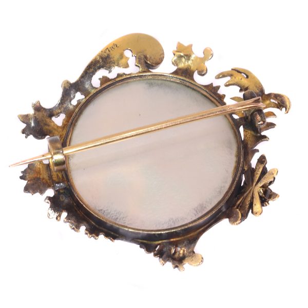 Antique French Victorian Diamond Gold Painted Miniature Brooch of Madame de Pompadour