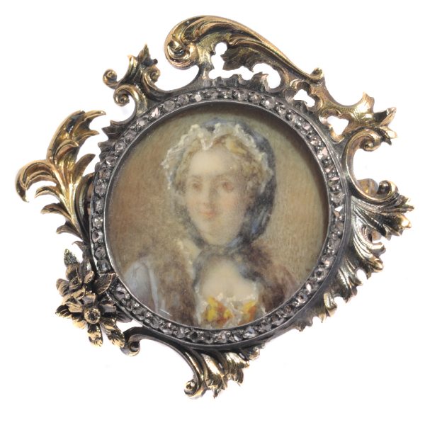 Antique French Victorian Diamond Gold Painted Miniature Brooch of Madame de Pompadour