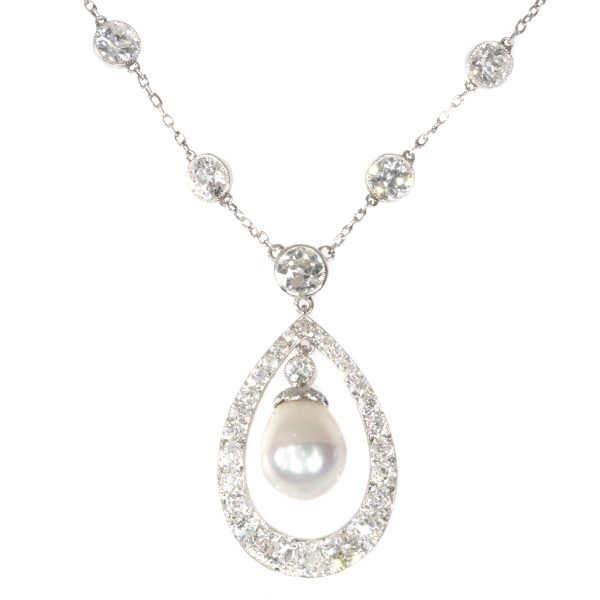 Vintage Art Deco Diamond and Natural Pearl Drop Necklace