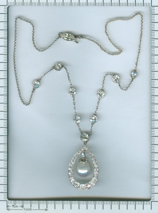 Vintage Art Deco Diamond and Natural Pearl Drop Necklace