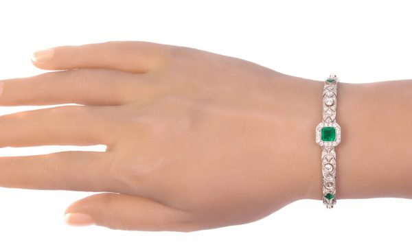 Antique Art Deco 3.28ct Emerald and Diamond Platinum Bracelet