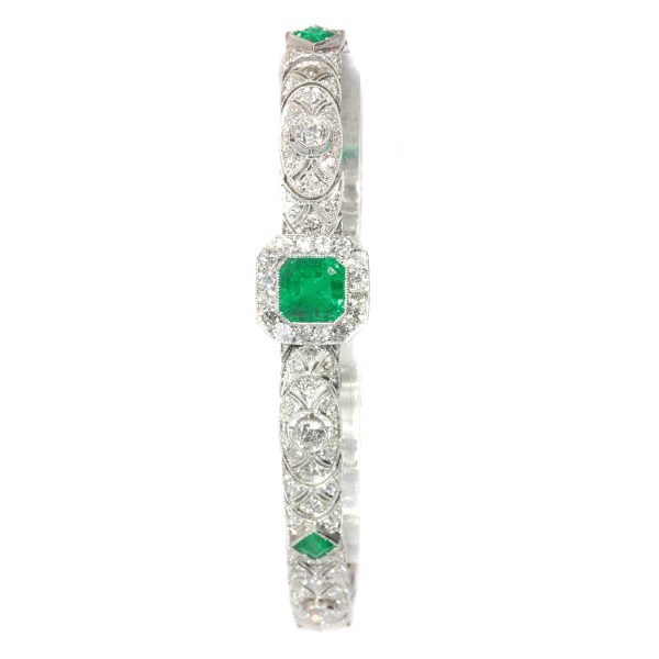Antique Art Deco 3.28ct Emerald and Diamond Platinum Bracelet