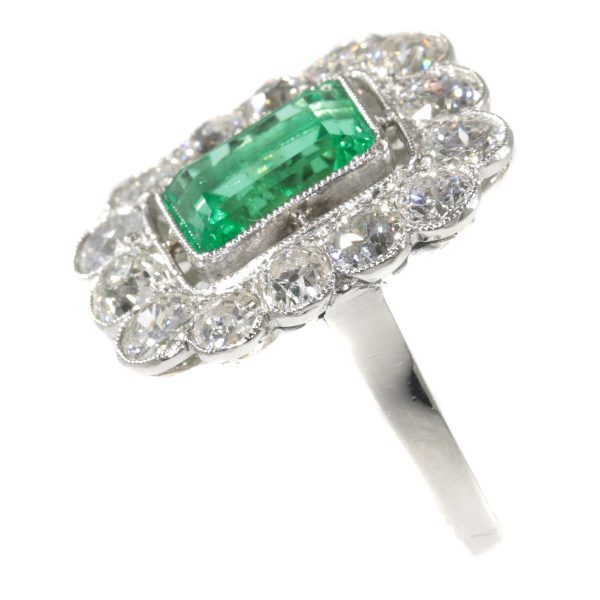 Vintage Fifties Natural Untreated Emerald and Diamond Cluster Ring