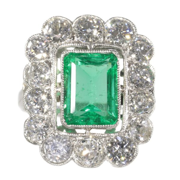 Vintage Fifties Natural Untreated Emerald and Diamond Cluster Ring