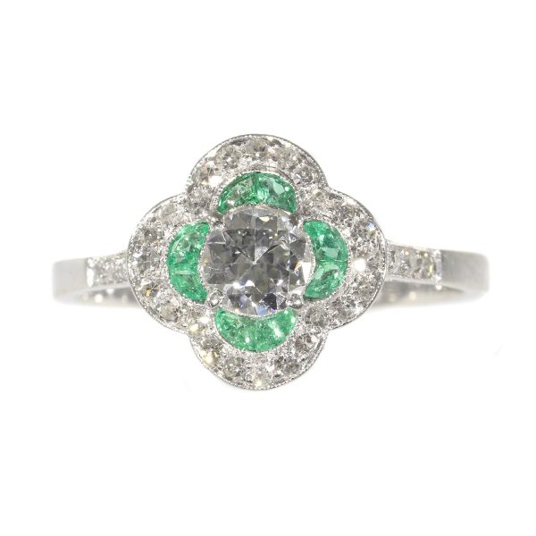 Vintage Art Deco Emerald and Old European Cut Diamond Engagement Ring