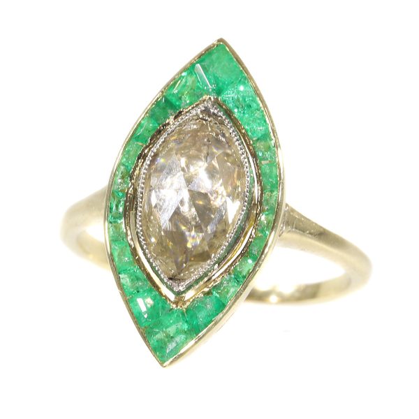 Antique Art Deco Rose Cut Diamond and Emerald Cluster Ring