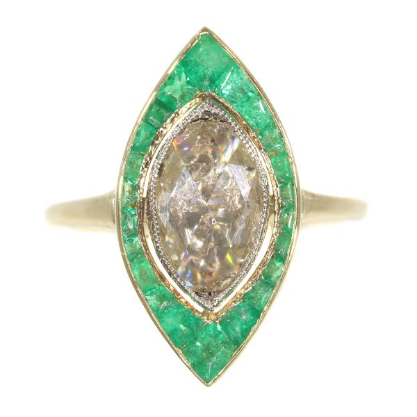 Antique Art Deco Rose Cut Diamond and Emerald Cluster Ring