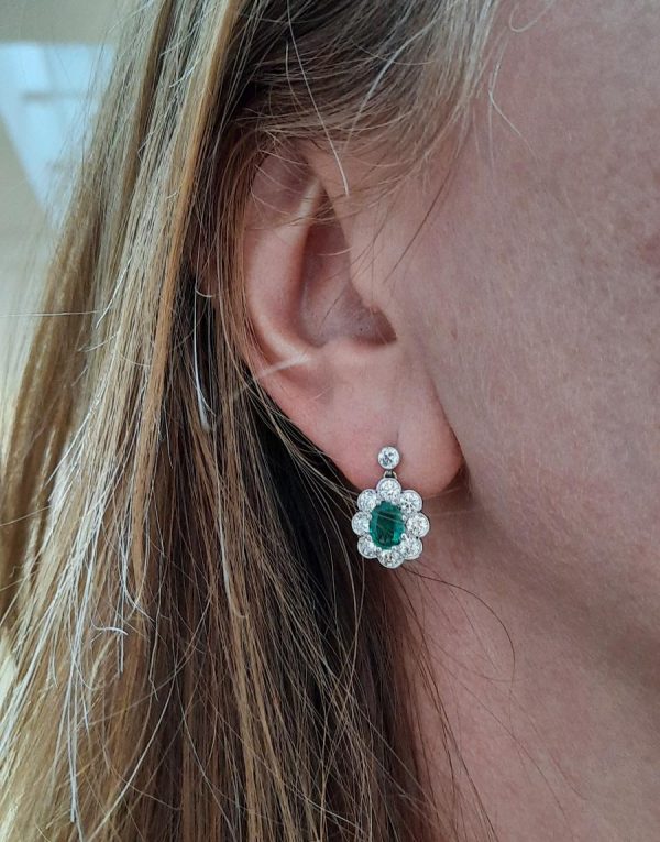 1.40ct Emerald and Diamond Cluster Drop Earrings