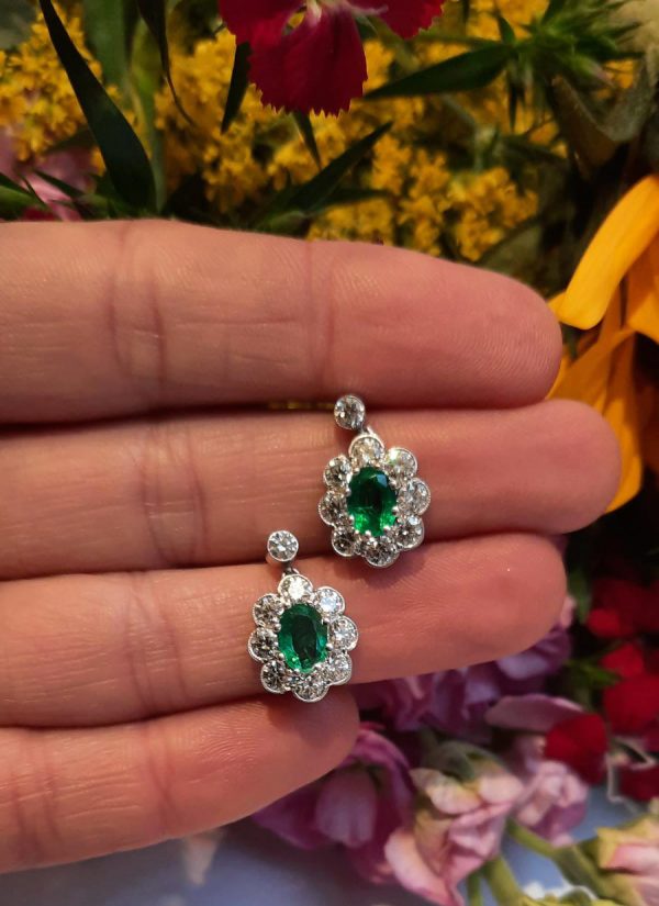 1.40ct Emerald and Diamond Cluster Drop Earrings