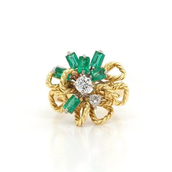 Vintage 18ct Yellow Gold, Emerald and Diamond Abstract Flower Cluster Ring; set with baguette emeralds, brilliant cut diamonds, in a twisted rope design.