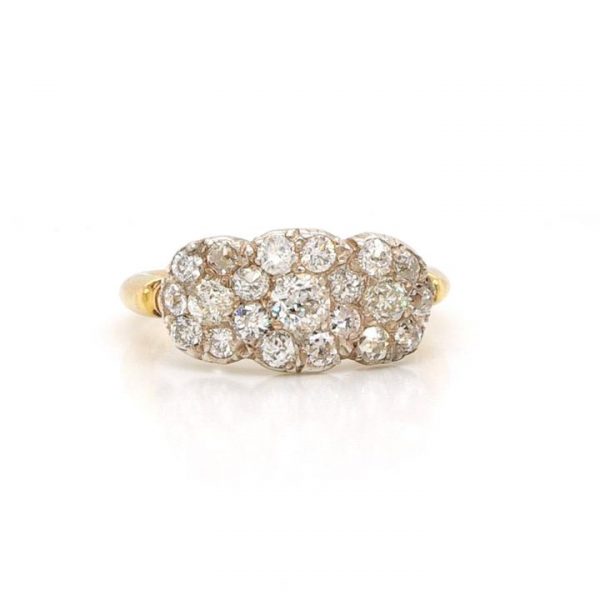 Vintage 1.50ct Diamond Triple Cluster Ring; early 20th century 18ct gold ring set with three adjacent clusters of old cut diamonds, in 18ct gold
