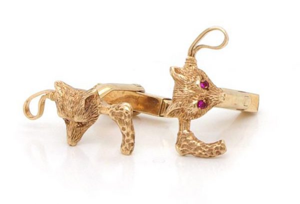 Pair of Vintage 9ct Yellow Gold Fox Head and Riding Crop Cufflinks
