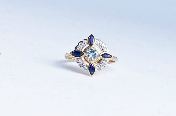 Art Deco Style Blue Topaz, Sapphire and Diamond Cluster Ring