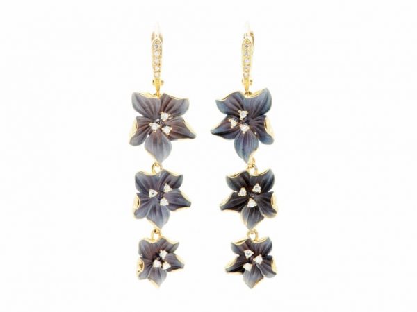 Diamond set enamel hanging violet drop earrings