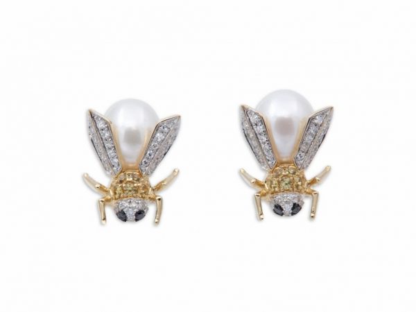 Diamond Pearl and Citrine Bee Earrings
