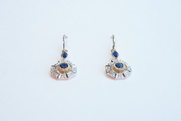 Art Deco Style Sapphire and Brilliant Cut Diamond Drop Earrings