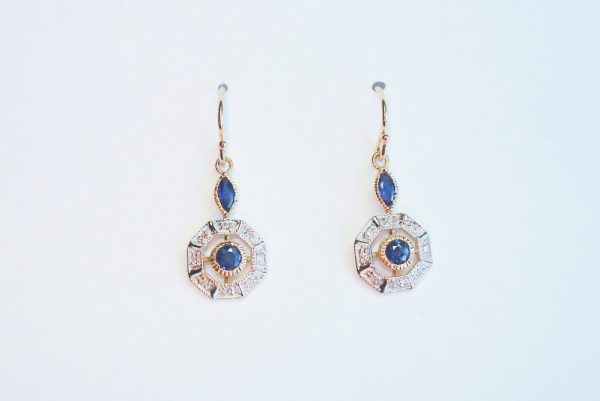 Art Deco Style Sapphire and Brilliant Cut Diamond Drop Earrings