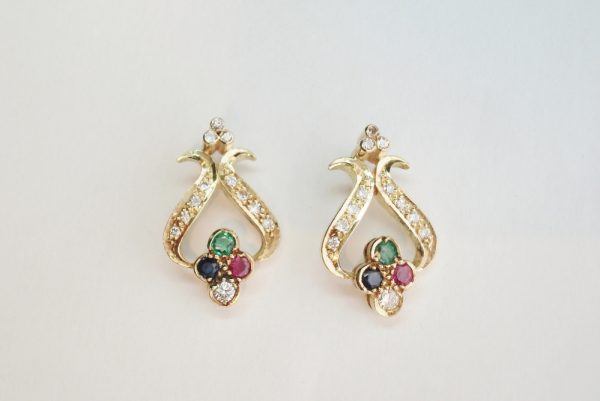 Art Nouveau Style Ruby, Sapphire, Emerald and Diamond Yellow Gold Earrings