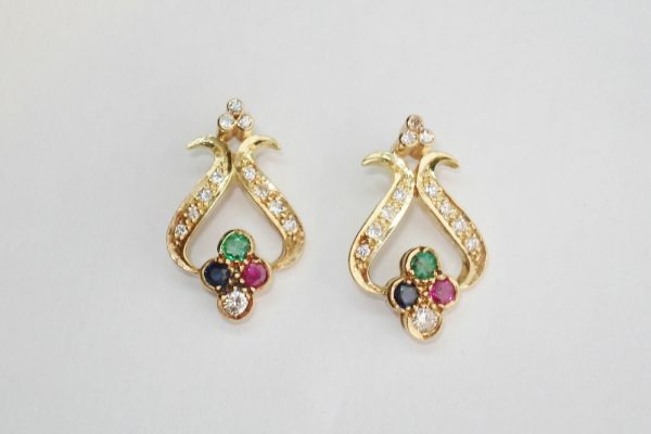 Art Nouveau Style Ruby, Sapphire, Emerald and Diamond Yellow Gold Earrings