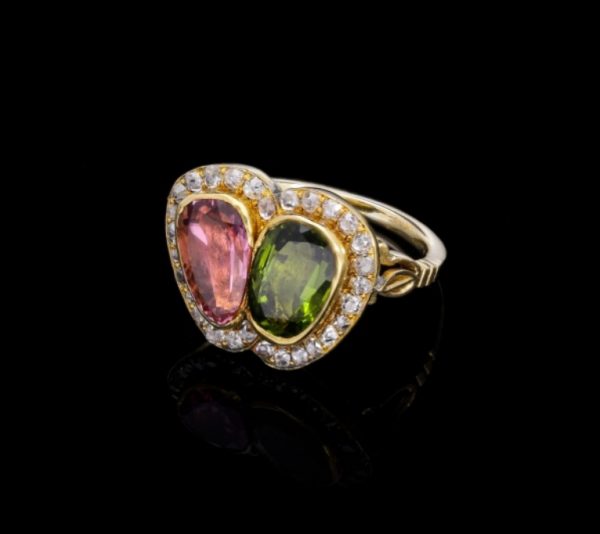 Antique Edwardian Sweetheart Pink and Green Tourmaline Ring