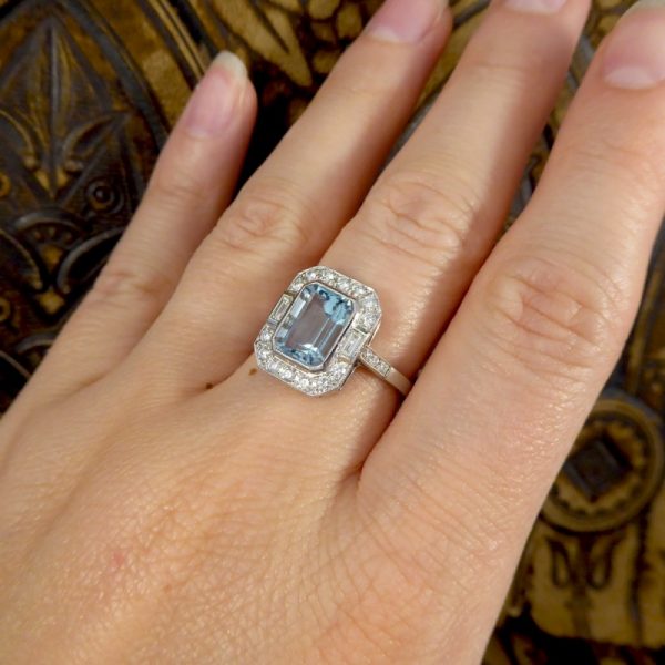 Art Deco Style Aquamarine Diamond Cluster Ring