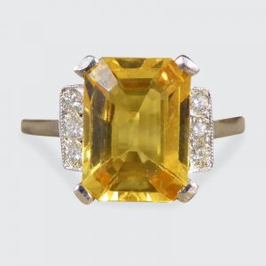 Art Deco Style Yellow Sapphire 3.70cts and Diamond Platinum Ring