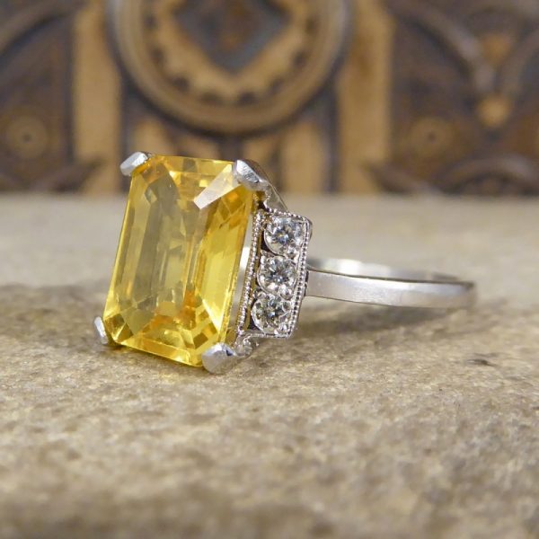 Art Deco Style Yellow Sapphire 3.70cts and Diamond Platinum Ring