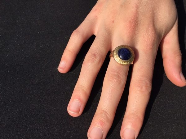 Antique Victorian Etruscan Style Lapis Lazuli Set Ring