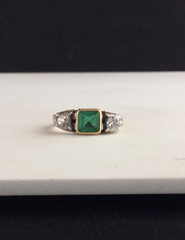 Antique Georgian Colombian emerald and diamond engagement ring