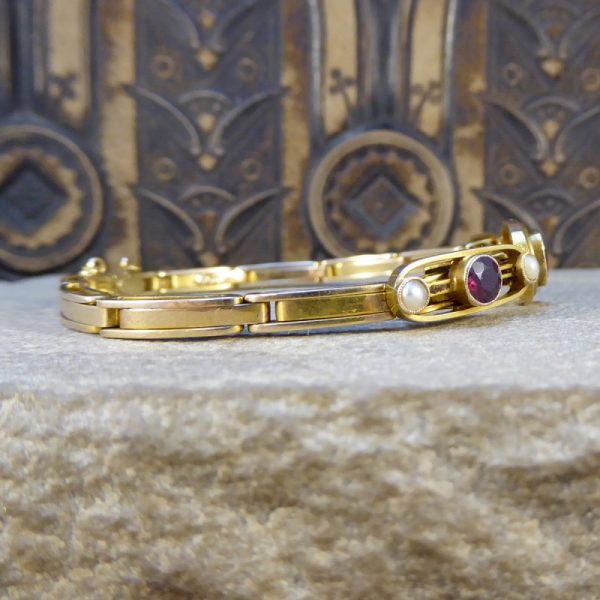 Edwardian Antique Garnet and Pearl Gold Bracelet