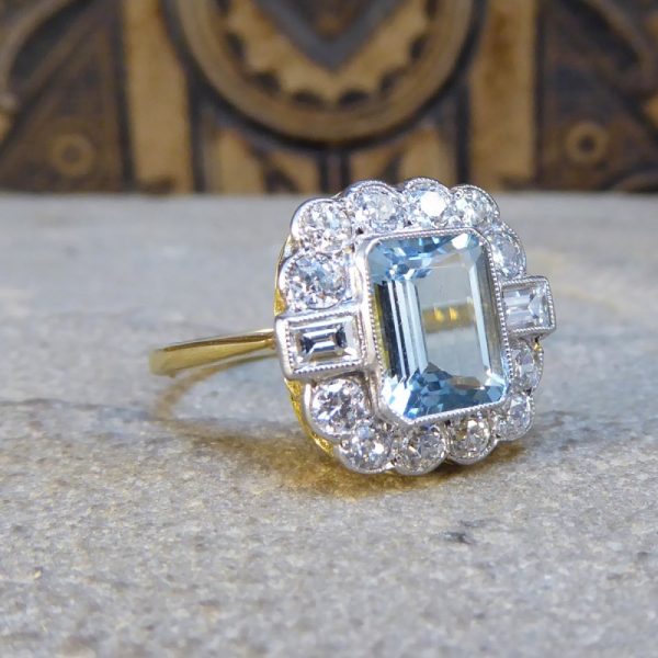 Edwardian Style Aquamarine 1.50ct and Diamond Cluster Ring