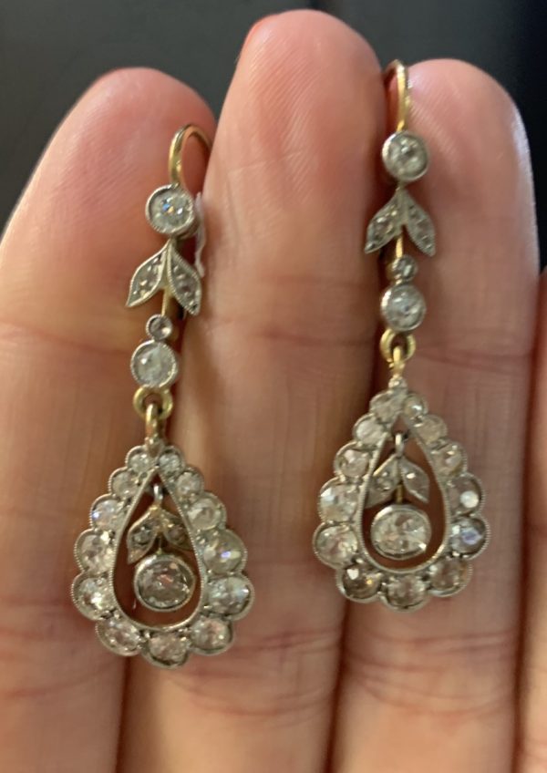 antique diamond drop earrings, 1910 old cut diamonds and single cut diamonds, suspended a pear