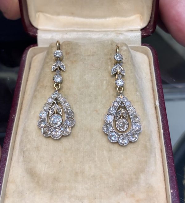 antique diamond drop earrings, 1910 old cut diamonds and single cut diamonds, suspended a pear 1