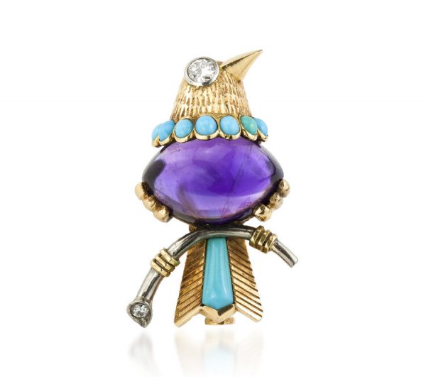 Vintage Cartier Bird of Paradise 7 Carat Amethyst Turquoise and Diamond Brooch, 18ct Yellow Gold